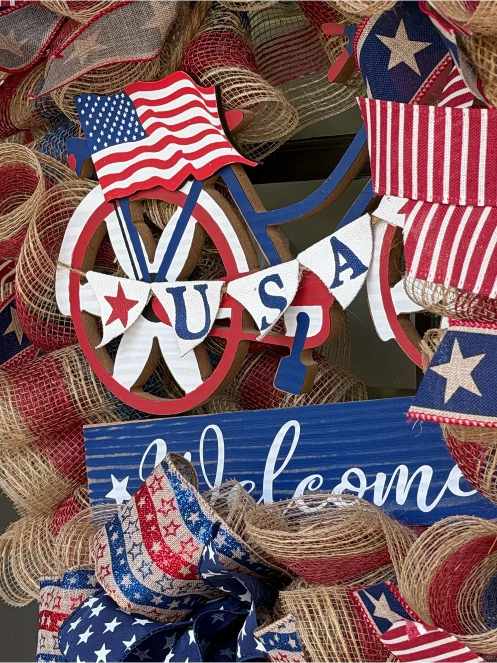 Patriotic Welcome Wreath - Red, Blue & Natural